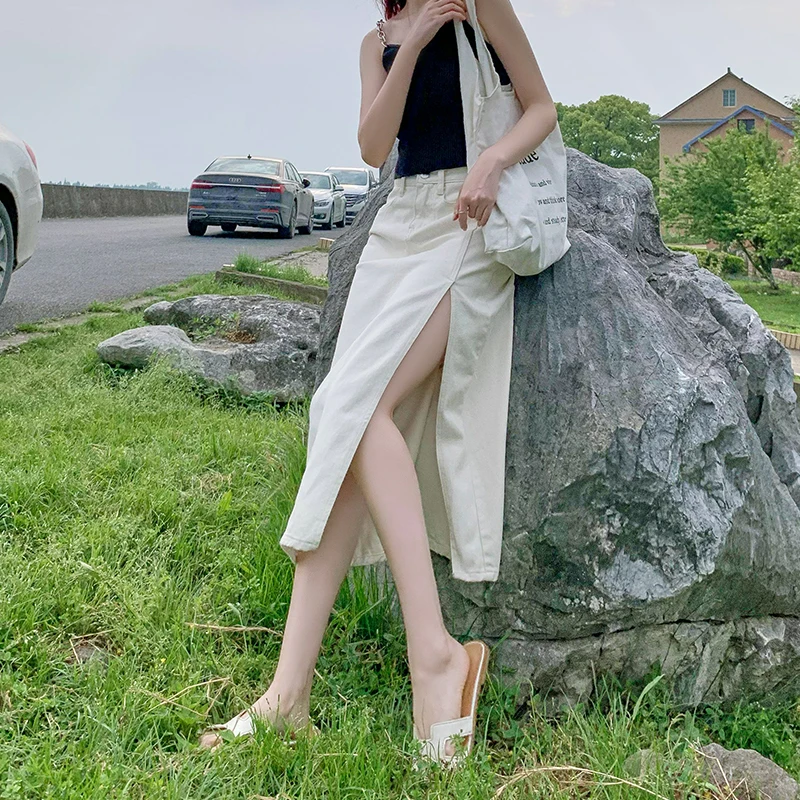 

Long Denim Skirt Women Vintage High Wasit Jeans Skirt Side split Plus Size Straight A-line Pencil Skirt Elegant Sexy 2020 Chic
