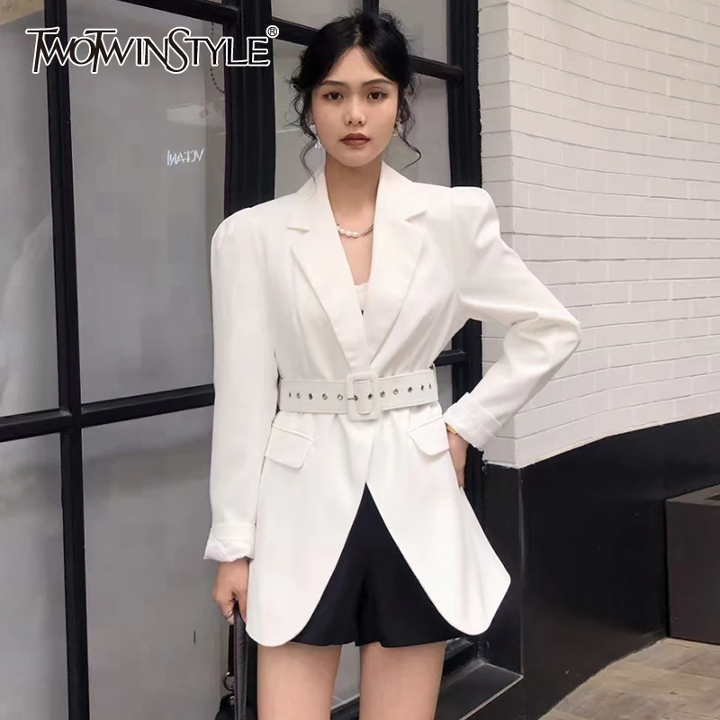 

TWOTWINSTYLE Temperament Solid Sashes Female Blazer Notched Long Sleeve Gathered Waist Casual Women's Coats 2021 Fashion Clothes