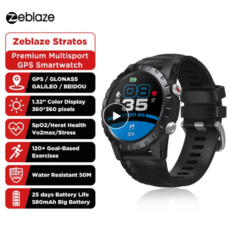 

New 2021 Zeblaze Stratos Sports Smart Watch gps GPS GLONASS GALILEO Heart Rate SpO2 VO2max Stress 25 days Battery Life WR 5 ATM