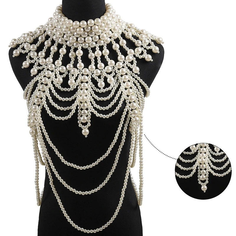 

Women Imitation Pearl Beaded Body Chain Shawl Handmade Jewelry Bib Necklace Collar Vintage Luxurious Layered Decorative