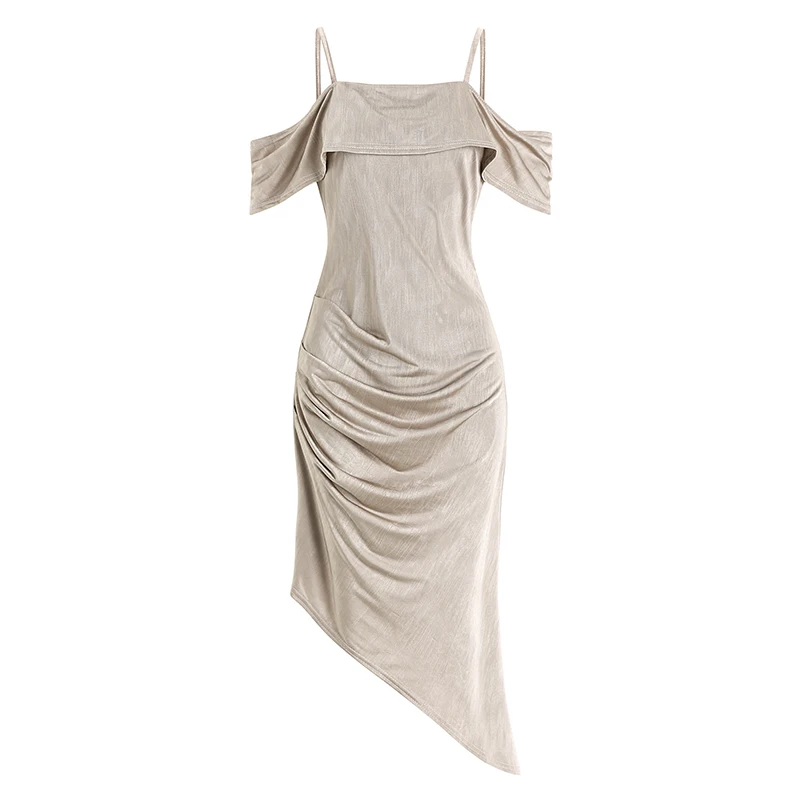 

COIGARSAM Sexy Women dress New Summer Slash neck Pleated Spaghetti Strap Dresses Champagne 690