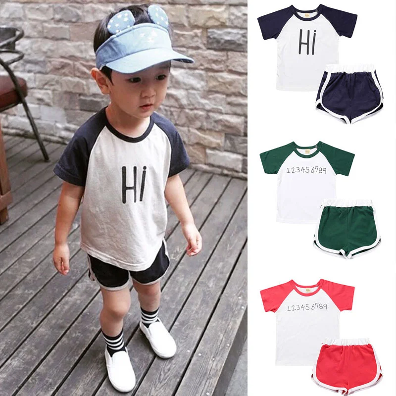 

2020 children's clothing new summer clothing cotton children's horn sleeve printed T-shirt + shorts 2-piece suit