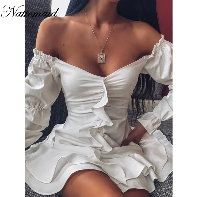 Женское платье с оборками Nattemaid белое открытыми плечами вечерние платья рюшами и