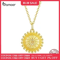bamoer sun coin pendant neckalce for women gold color genuine 925 sterling silver chain necklaces collier fashion jewelry scn353
