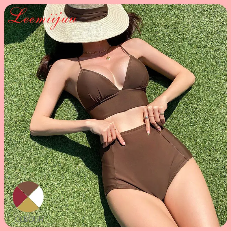 

Сексуальное бикини LEEMIIJUU, однотонное бикини с эффектом пуш-ап, с мягкими чашечками, бюстгальтер на бретелях, купальник с высокой талией, женс...