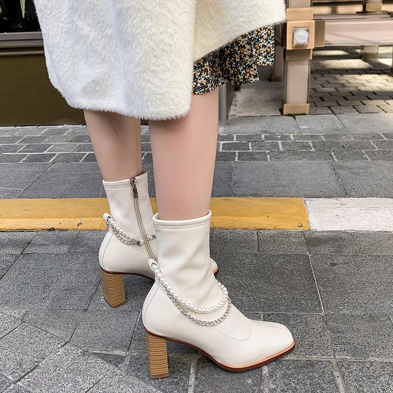 

Womens Elegant Square Toe High Heel Ankle Boots Fashion Office Pearl Chains White Thick Heel Boots Luxury Winter Shoes Women