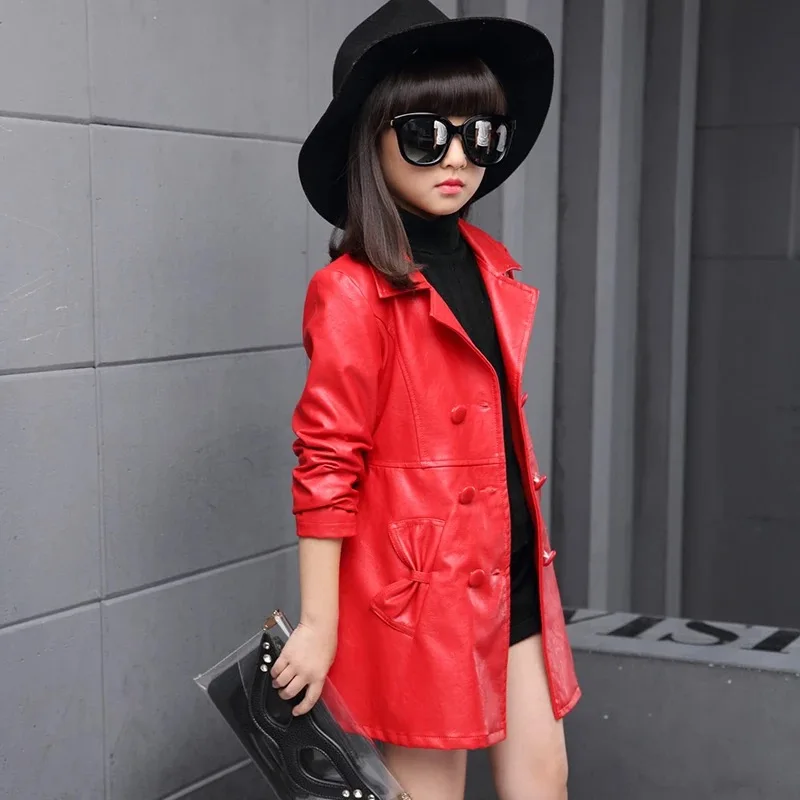 

Spring & Autumn PU Leather Jacket For Girl Korean Version Fashion Coat Mid-Length Windbreaker Casual Hooded Children's Clothing