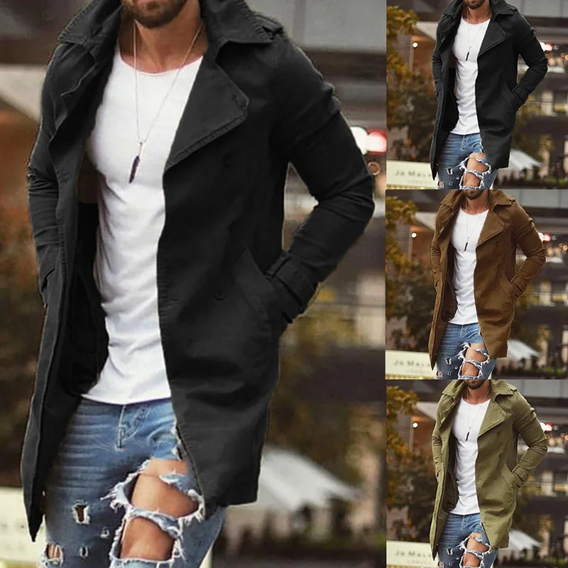 

Puimentiua Khaki Trench Male Classic Autumn Winter Long Trench Coat Men Casual Loose Long Coat Jacket Men Overcoat Streetwear