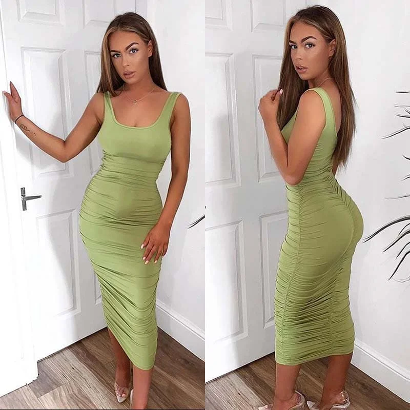 

Sleeveless Slim-Fit Pleated Midi Dress Women Casual Summer 2021