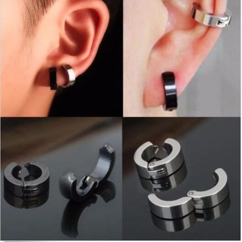 1 Pair Classic Korean Punk Stainless Steel Ear Clip Earrings for Men Women Black No Pierced Fake Ear Circle New Pop Jewelry