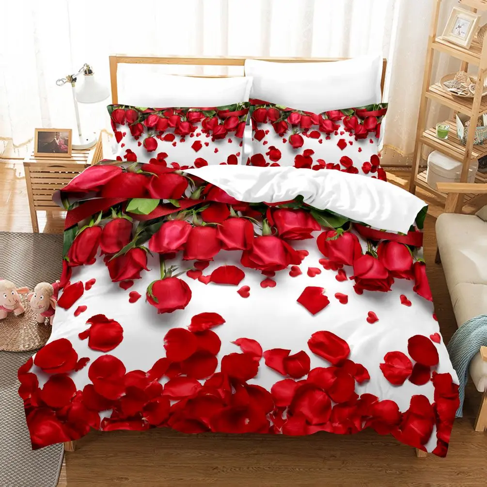 

Love Red Rose Bedding Set Luxury Comforter Duvet Covers Pillowcases Comforter Bedding Sets Bed Linen King Queen Single Size