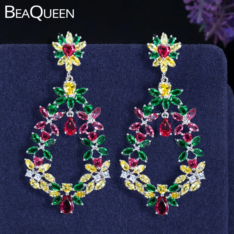 Женские богемные серьги BeaQueen большие длинные подвески с разноцветным кубическим
