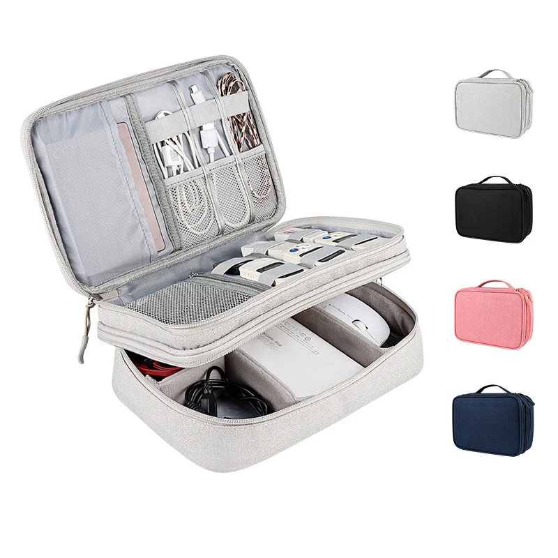

Двухслойная сумка для хранения цифровых принадлежностей с ручкой на молнии, водонепроницаемая вместительная портативная косметичка, орга...