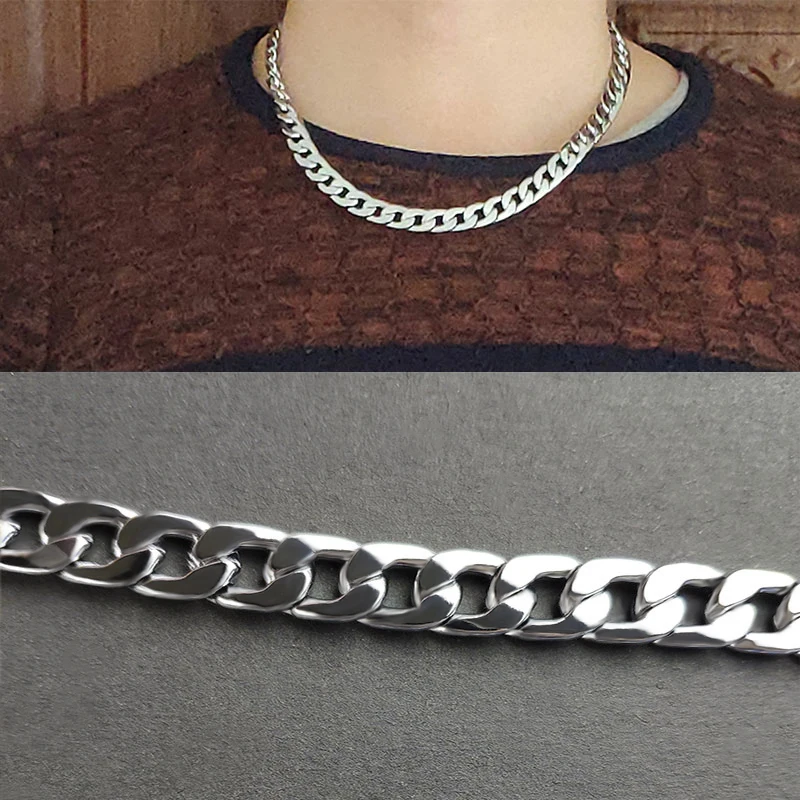 

60cm Figaro Flat Chain Titanium Stainless Steel Necklace Metal No Fade Wide Necklace Cuban Link Chain