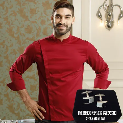 burgundy w cufflinks Новое поступление униформа для ресторана французская шеф-повара куртка с французскими запонками - Цвет: burgundy w cufflinks