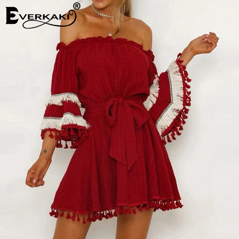 Everkaki Boho кисточки с открытыми плечами мини платье женские пояса винтажные