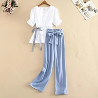 womens clothing 2022 summer white short sleeve shirt blouse ankle length wide leg pants suits two piece sets outfits y800