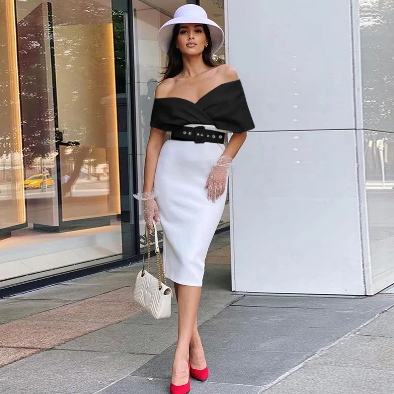

2022 Summer OL Midi Dress Women V-Neck Shoulder Off High Waist Belt Patchwork Sexy Party Evening Y2K Dresses Woman Clothes