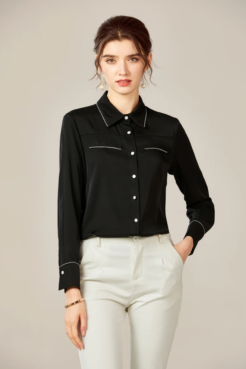 

95% Silk 5% Spandex Women's Shirt Turn Down Collar Long Sleeves Piping Elegant Blouse Fashion Camisa Tops