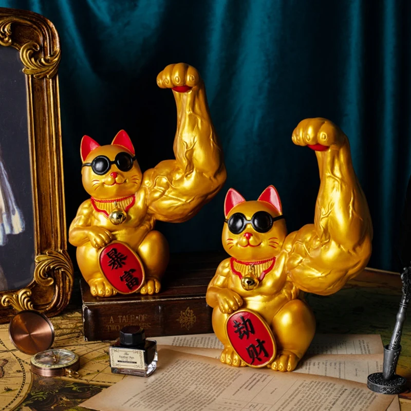 

VILEAD Muscle Arm Lucky Cat Feng Shui Ornaments Resin Crafts Living Room Animal Figurines Decoration Gift Modern Home Decoration