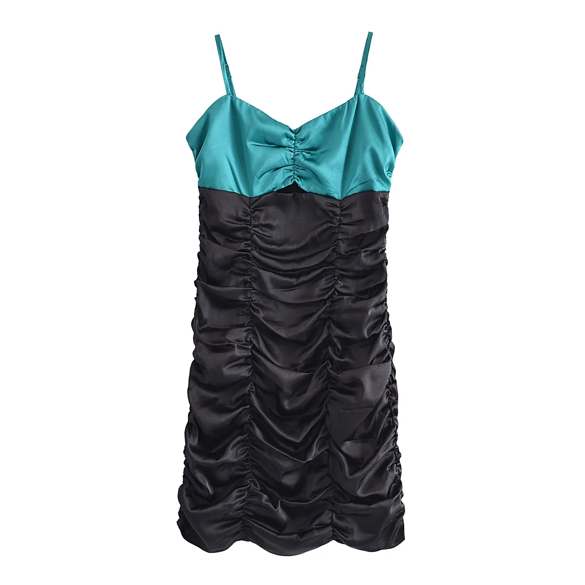 

JUNWU Summer Women Blue Black Contrast Color Silk Satin Texture Pleated Adjustable Shoulder Straps Waist Sexy Mini Dress Chic