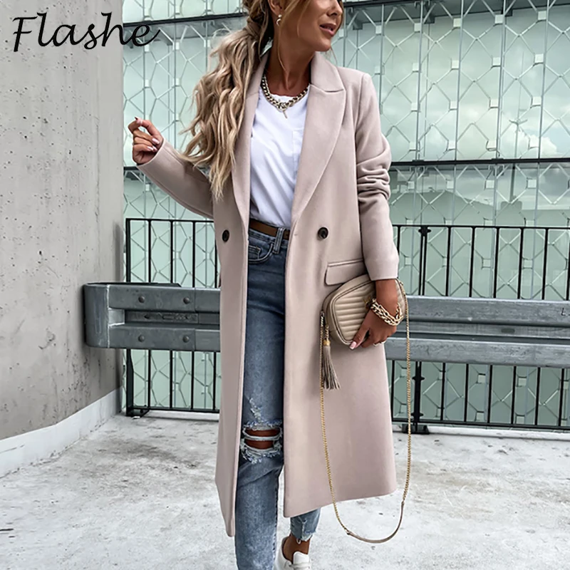 

Wool Coat For Women Turn Down Collar Solid Long Outerwear Female Button Coats And Jackets Women Winter Casual Coats Tops