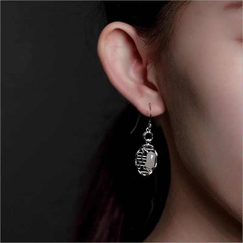 Earrings Набор кулонов для женщин из натурального нефрита, Настоящее серебро 925 пробы, серьги в виде решетки, серьги в виде панды из бамбука - Цвет камня: Earrings