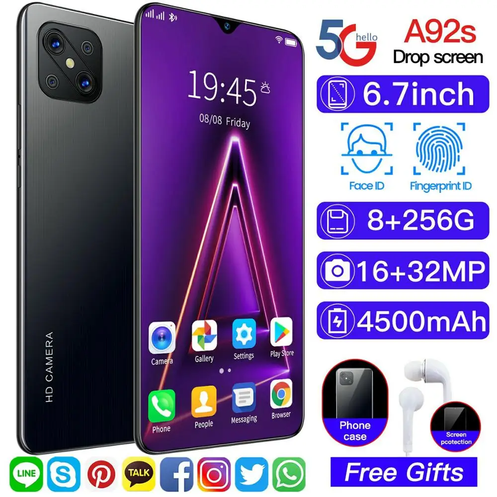 Новый A92s 6 7 Inch 8 + 256GB 16 GB 32MP отпечаток лица ID смартфонов 4500 мАч 10 Core Dual SIM 4G 5G Andriod 0