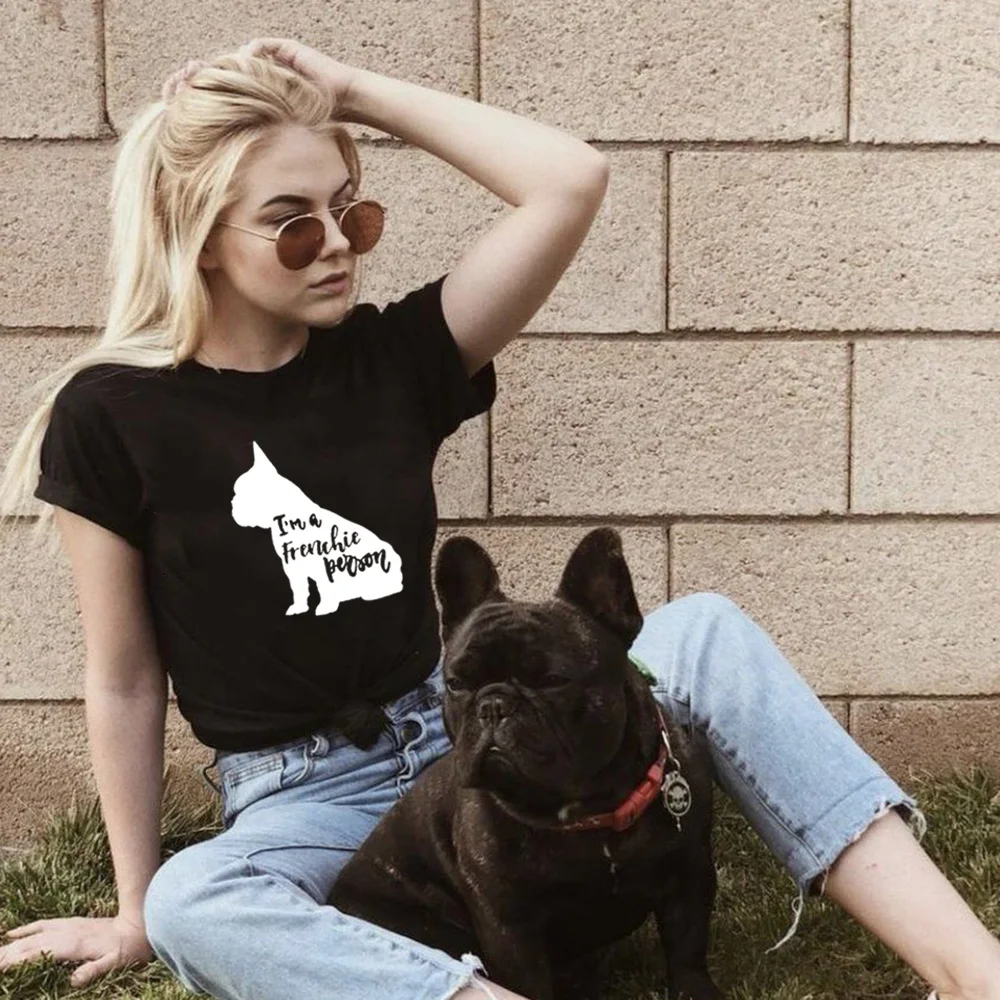 Women French Bulldog Print Dog Mom Life T Shirts Tumblr Clothing Short Sleeve Round Neck Tops I'm A Frenchie Person Graphic Tees