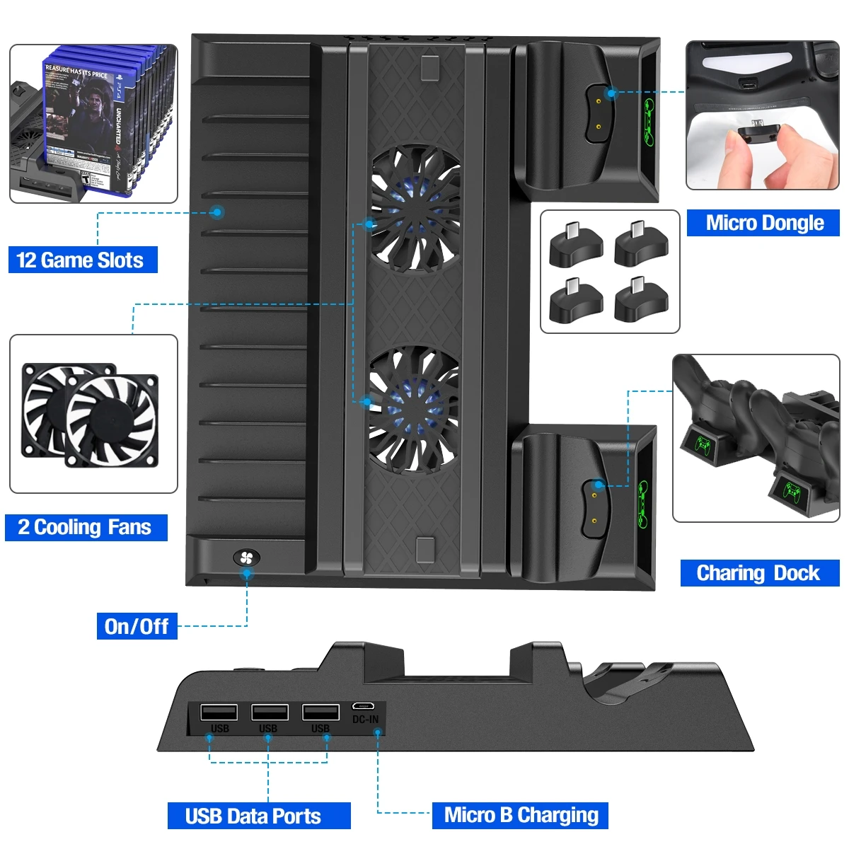 for ps4ps4 slimps4 pro vertical stand with cooling fan dual controller charging station for playstation 4 for ps4 accessories free global shipping