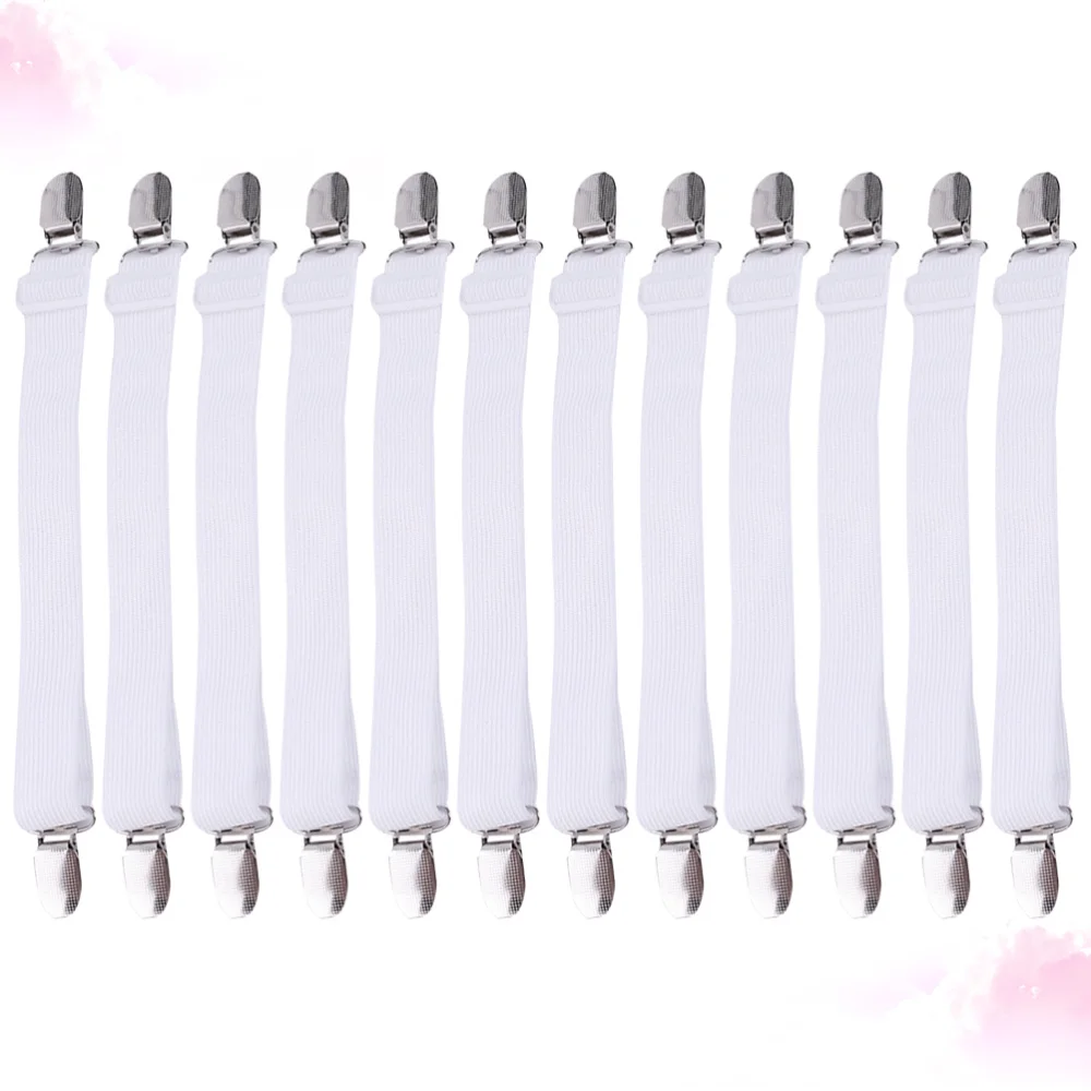 

12pcs Multipurpose Bed Sheet Fasteners Adjustable Suspenders Gripper Elastic Strap with Clips for Bed Sheets Mattress Covers (Wh