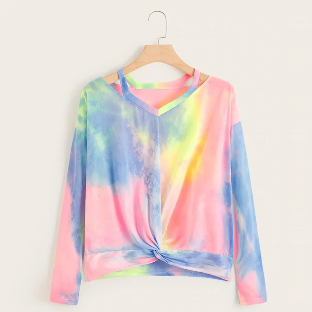 Женские Градиент контрастного Цвет Толстовка с принтом топ длинными рукавами