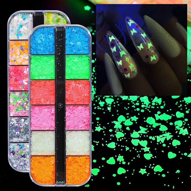 

12 Grids/Set Nail Glitter Sequins fluorescent Acrylic Designs Mixed Manicure laser mirage Love butterfly DIY Nail Art Decoration