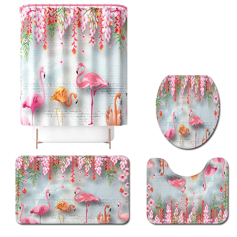 flamingo printing bath mat and shower curtain water absorbent bathroom carpet rug home decor toilet mat non slip floor rug set free global shipping