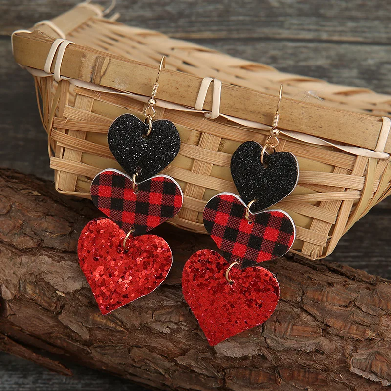 

European and The United States Valentine's Day Red Plaid Sequins Peach Heart Double-sided Leather Female Pu Earrings Wholesale