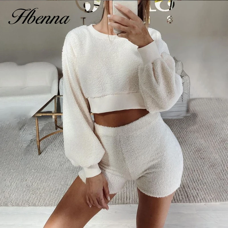 

Hbenna Casual 2 Pieces Sets Women 2021 Long Sleeve Pullover and Shorts Women Solid Autumn Outfit Short Set Streetwear Causal