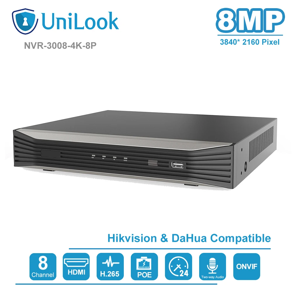UniLook 4K разрешение 8CH POE NVR NVR3008 8P 8 канальный сетевой видеорегистратор H.265 порты 1 HDMI