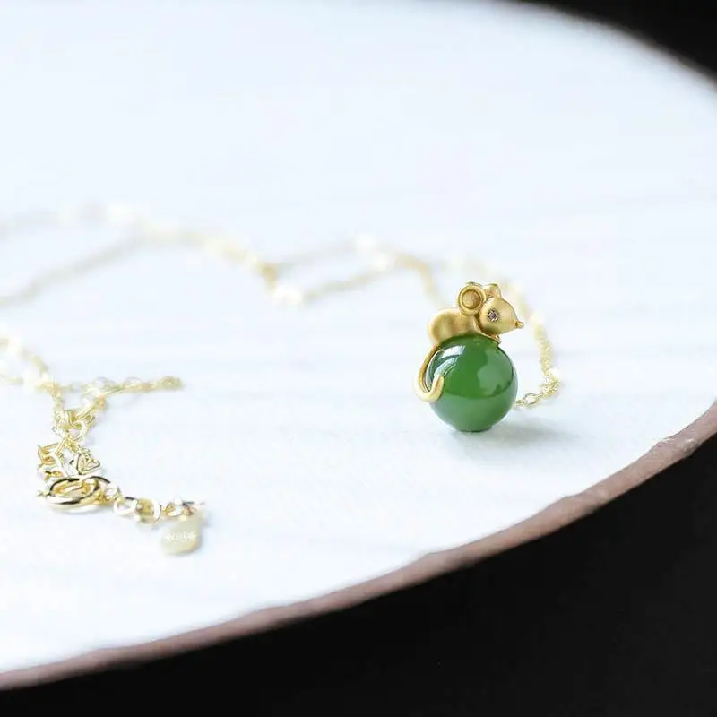 

Golden Rat Holding Beads Natural Hetian Jade Green Jade Golden Rat Pendant 925 Sterling Silver Jade Necklace Lucky Birthday Gift