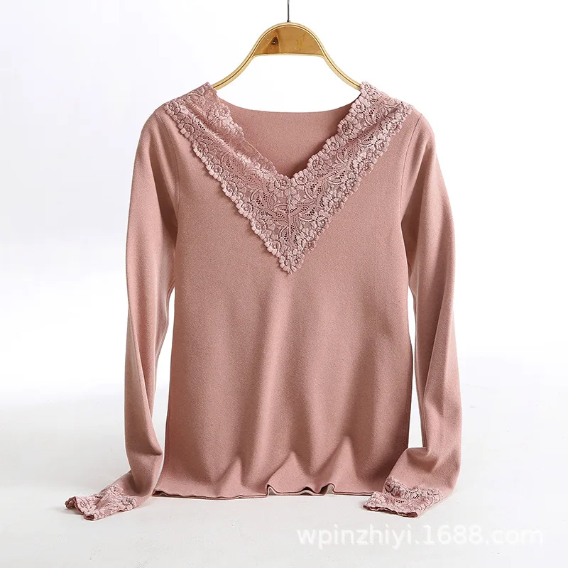 

Double-sided thermal underwear women's autumn and winter 2021 long-sleeved plus velvet autumn coat V-neck lace