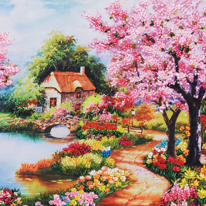 Картина для вышивки лентой сделай сам пейзажный узор рукоделие вышивка