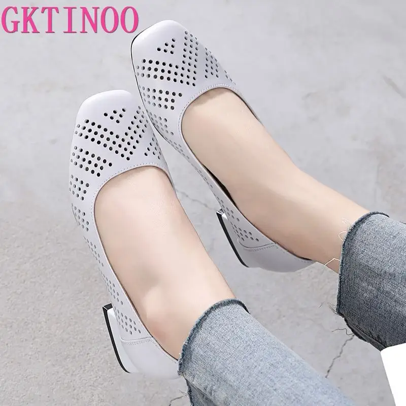 

GKTINOO Summer OL Shoes Genuine Leather 3cm Low Block Heel Hollow Breathable Pumps Cutout Square Toe Soft Working Shoes size 43