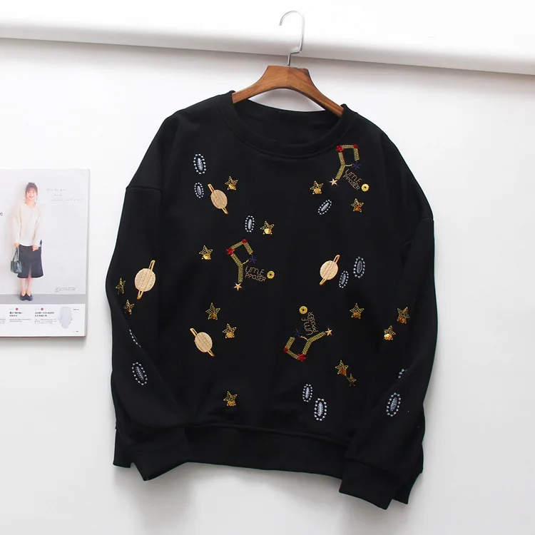 

Women Clothes 2019 Casual Streetwear Sweatshirts Woman Pullover Pull Femme Round Neck Small Planet Five-pointed Star Embroidery