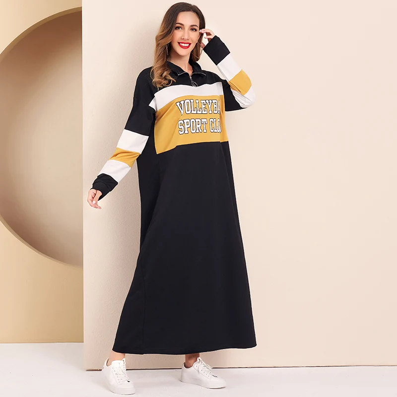 

Women Loose Dress Autumn Zip Half Placket Slogan Graphic Colorblock Dresses Casual Dress Vestido Mujer