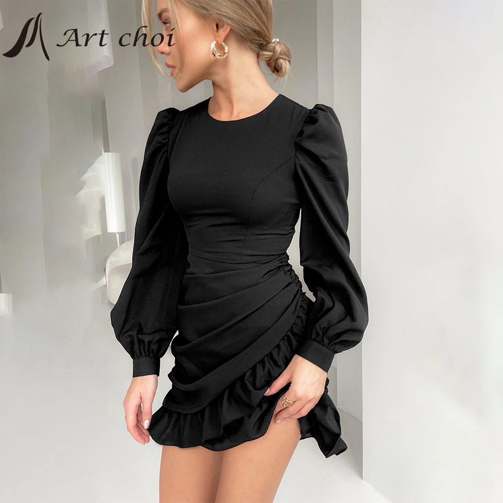 

2022 Cascading Frill Little Black Dress Elegant Lantern Sleeve Women Ruffle Dress Mini Bodycon Fashion Ladies Pleated Dress