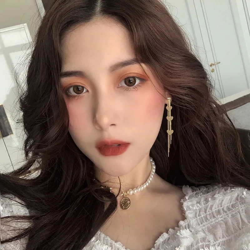 

2020 South Korea New Metal Love Pendant Ear Rings Tassel Long Style Simple Earrings For Women Jewelry