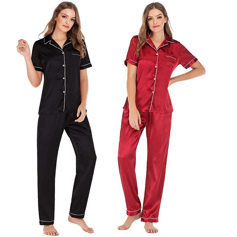 Womens Silk Satin Pajamas Pyjamas Set short Sleeve Sleepwear Pijama Pajamas Suit Female Sleep Two Piece Set Loungewear Plus Size