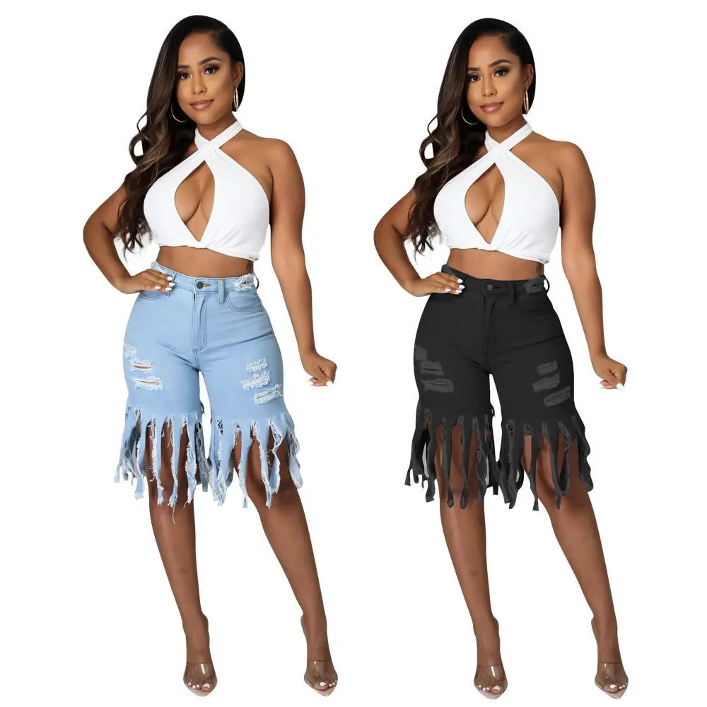 

2021 Summer New Hole Tassel Fringed Jeans Knee Length High Waist Ripped Jeans For Women