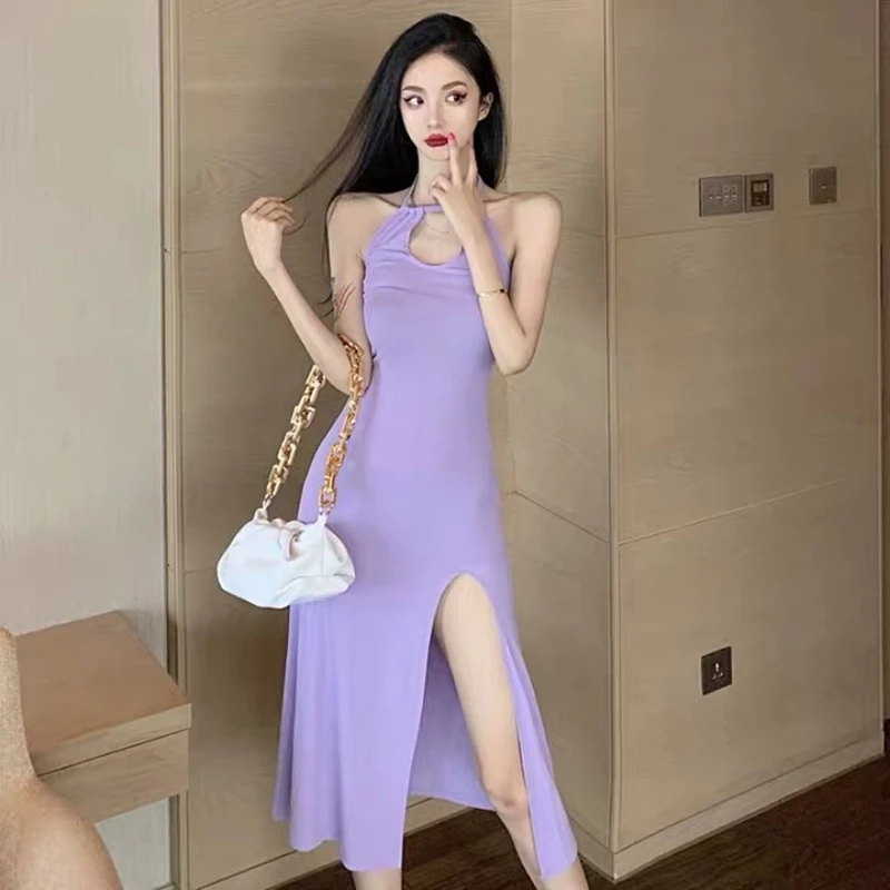 

Летнее платье без бретелек без рукавов, женское длинное платье с лямкой на шее и разрезом, облегающее эластичное платье с высокой талией
