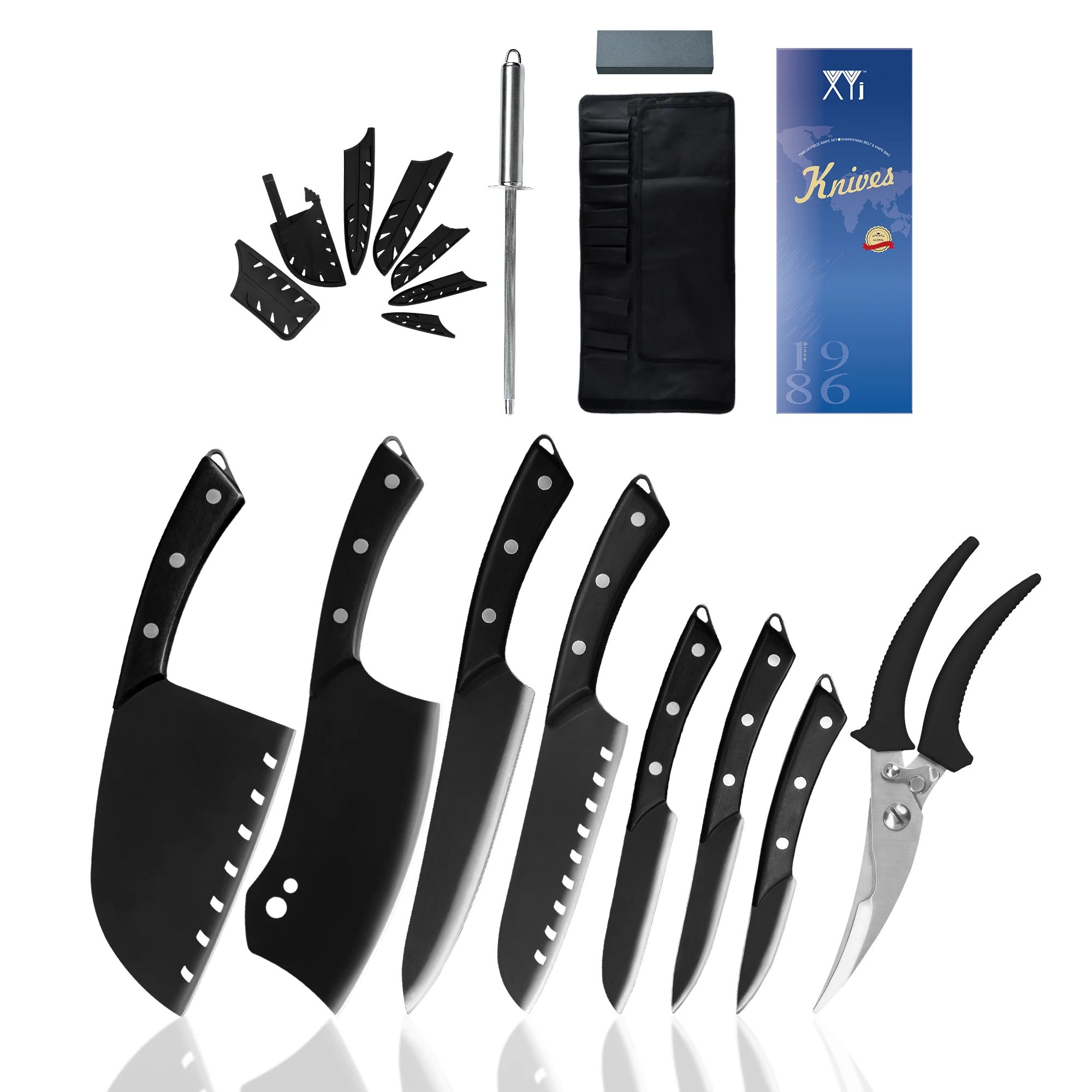 

XYj 7pcs Knife Set With Scissors Roll Bag Sharpening Stick Gift Knives Set Stainless Steel Chef Slicing Santoku Cleaver Knifes