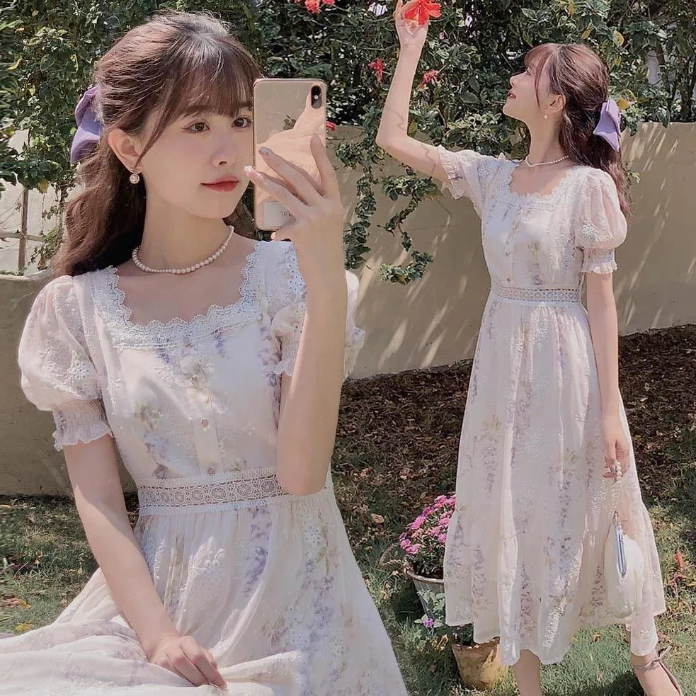 

Printed Embroidery Chiffon Dress Women Vintage Casual Floral Party Dresses Female Evening Lace-up Short Sleeve Square Midi Dress